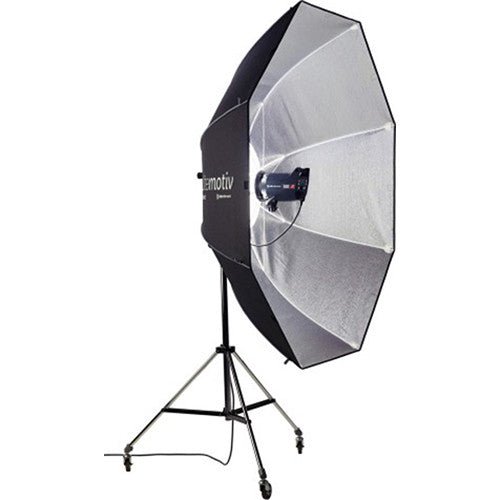 the Elinchrom Octa Light Bank - 74" is an umbrella with a reflective interior. Photographers attach a strobe light to this umbrella to help shape and spread light when shoot their their subjects.- rental item | Apex Photo Studios