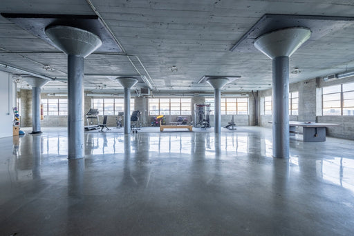 Wide shot of Apex Photo Studios penthouse loft,