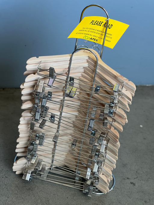 Branded tote of wooden combo clothing hangers - rental item | Apex Photo Studios