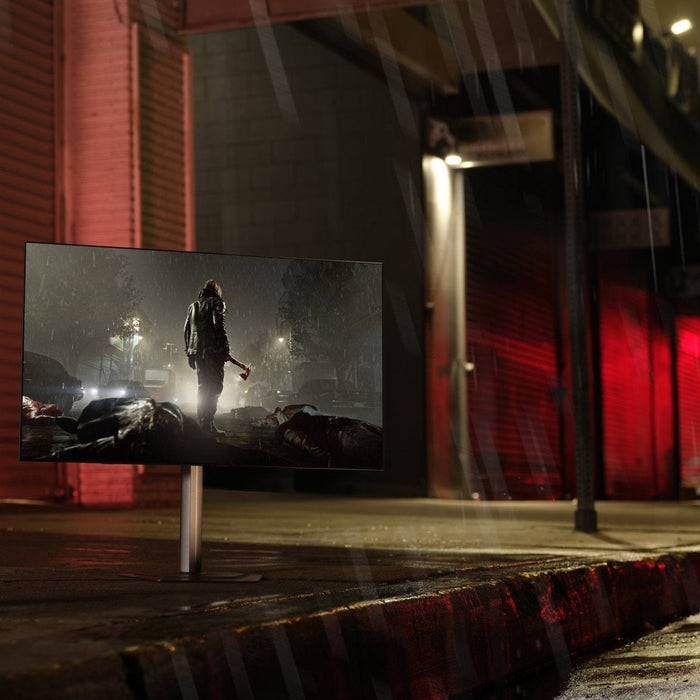 Key visual of Gigabyte gaming monitor on dystopian practical set inspired by Resident Evil: Requiem campaign