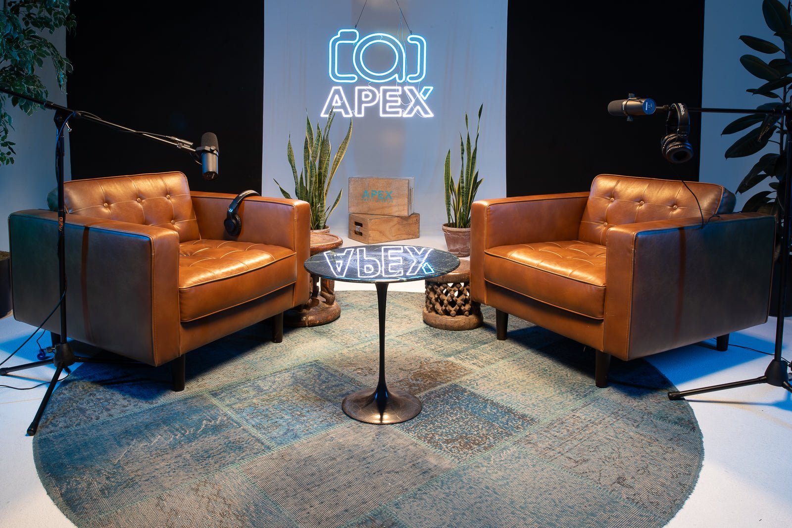Podcast set in Blackout Studio B with controlled acoustics and lighting