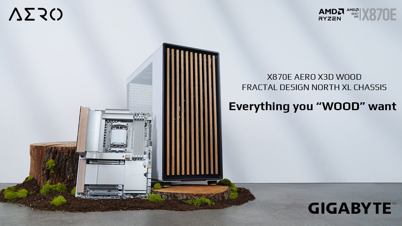 Apex photo studios x870e aero x3d wood motherboard with fractal design north xl wood chassis key visual on white background, concrete floor and natural dirt and wood elements.