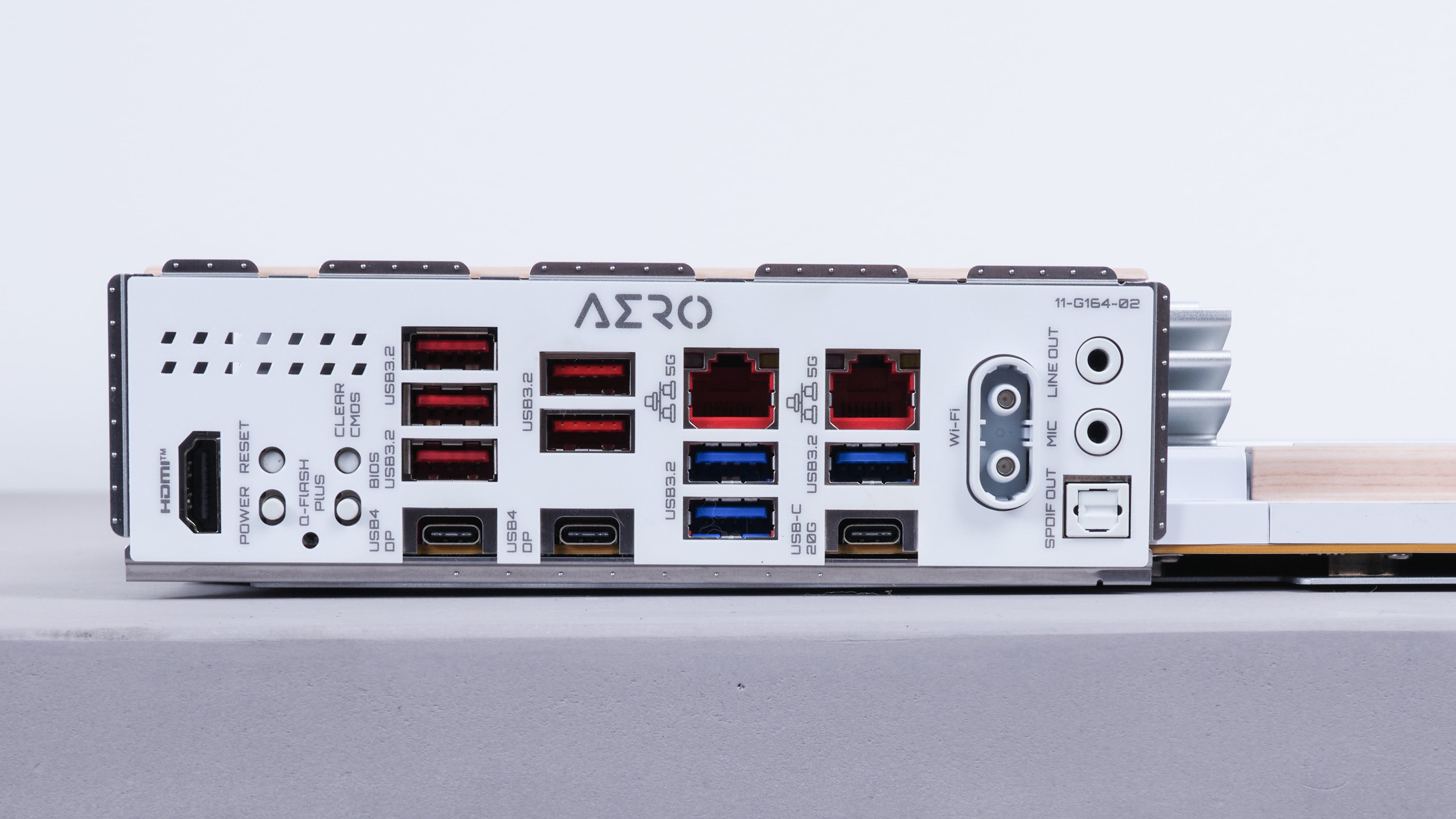 apex photo studios X870E AERO X3D Wood motherboard I/O ports on side of motherboard