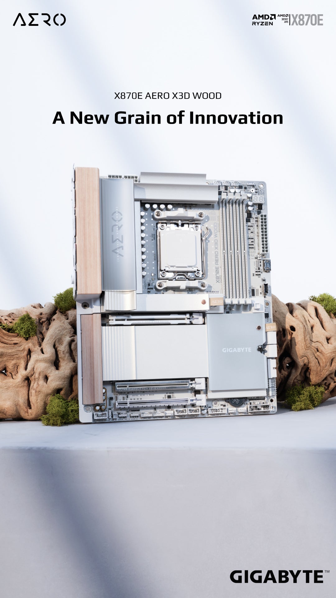 apex photo studios X870E AERO X3D WOOD motherboard 1080x1920 key visual