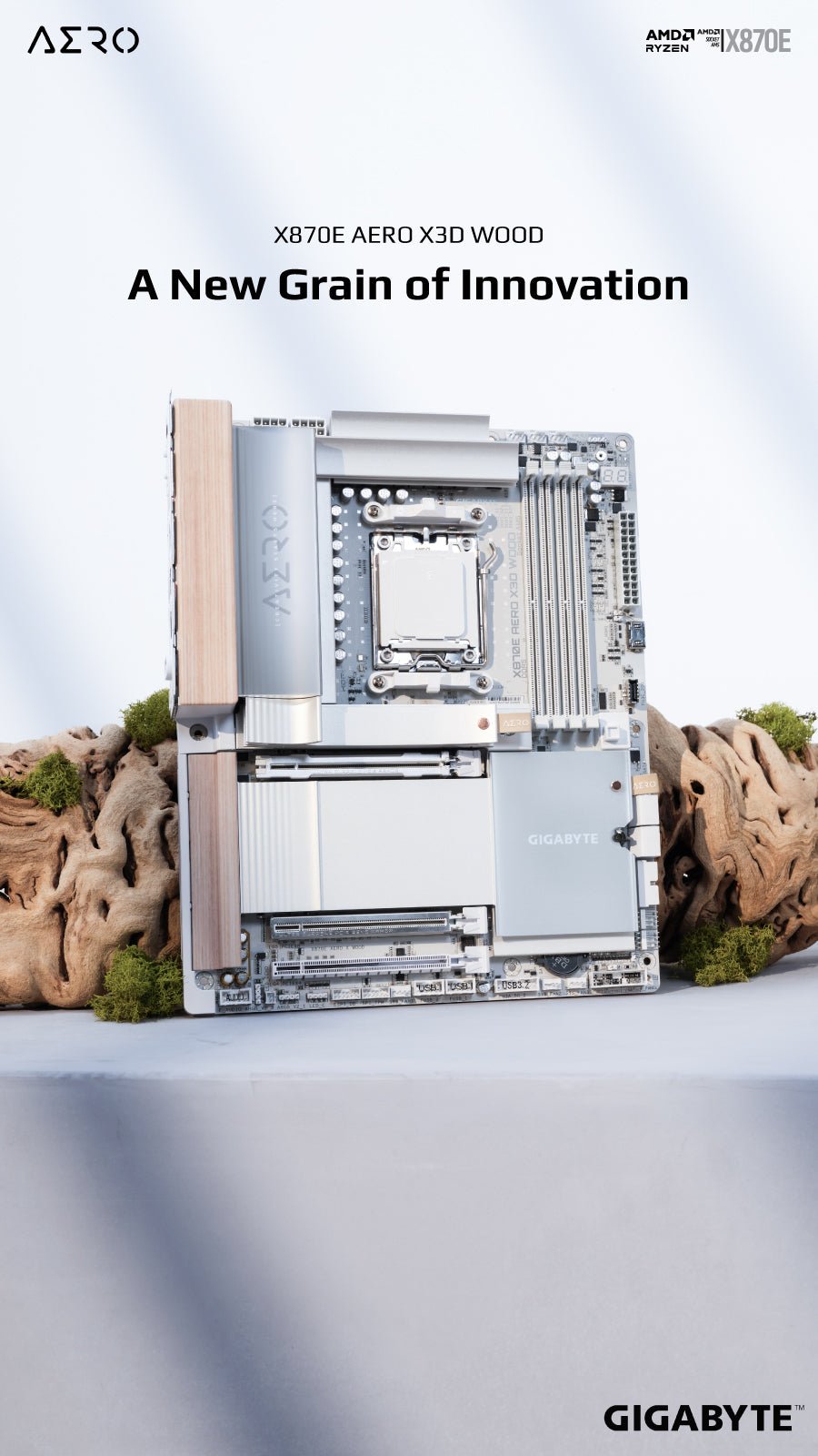apex photo studios X870E AERO X3D WOOD motherboard 900x1600 key visual