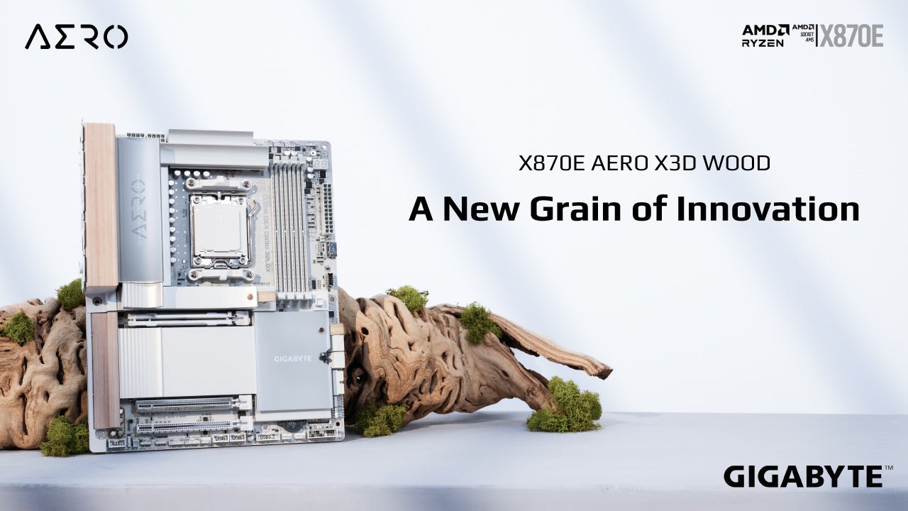 Apex photo studios x870e aero x3d wood motherboard key visual with natural elements on white background and lighting lines