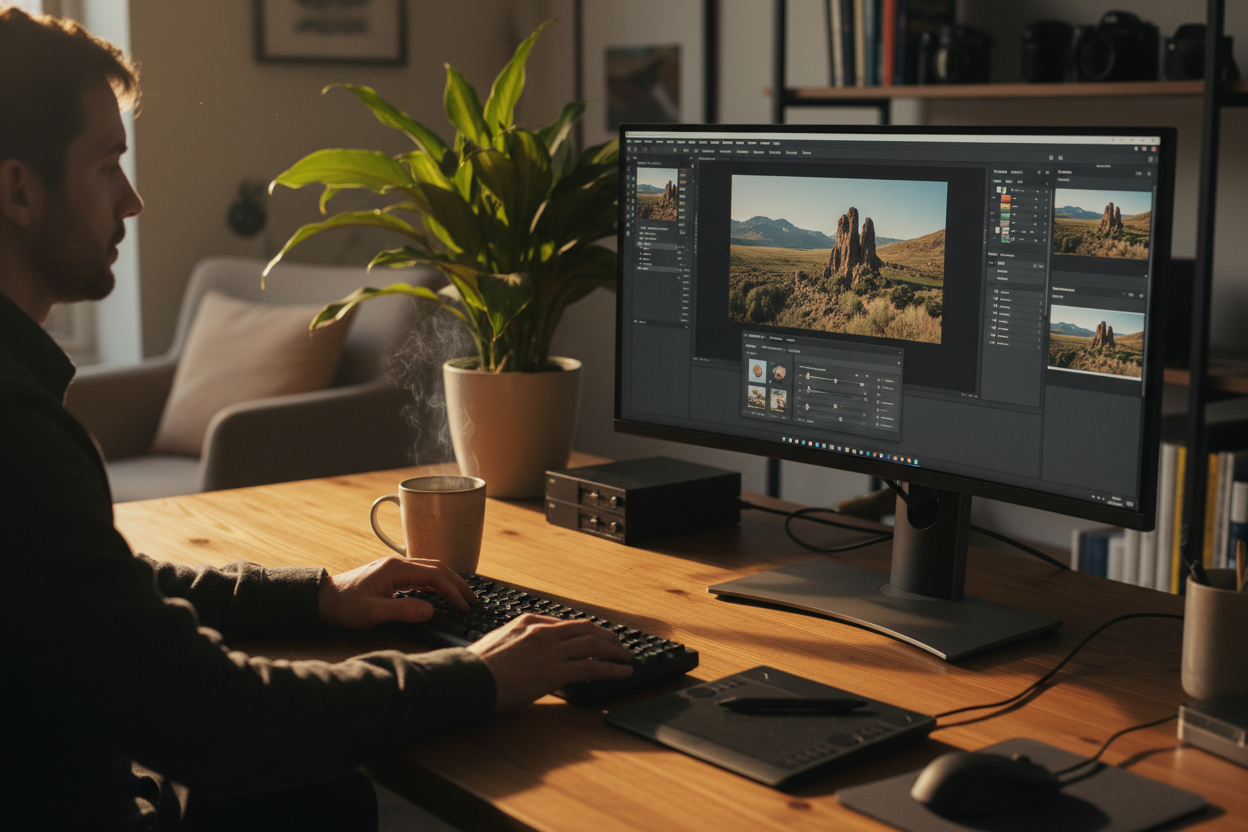 Cup of coffee by a person editing photos on a computer
